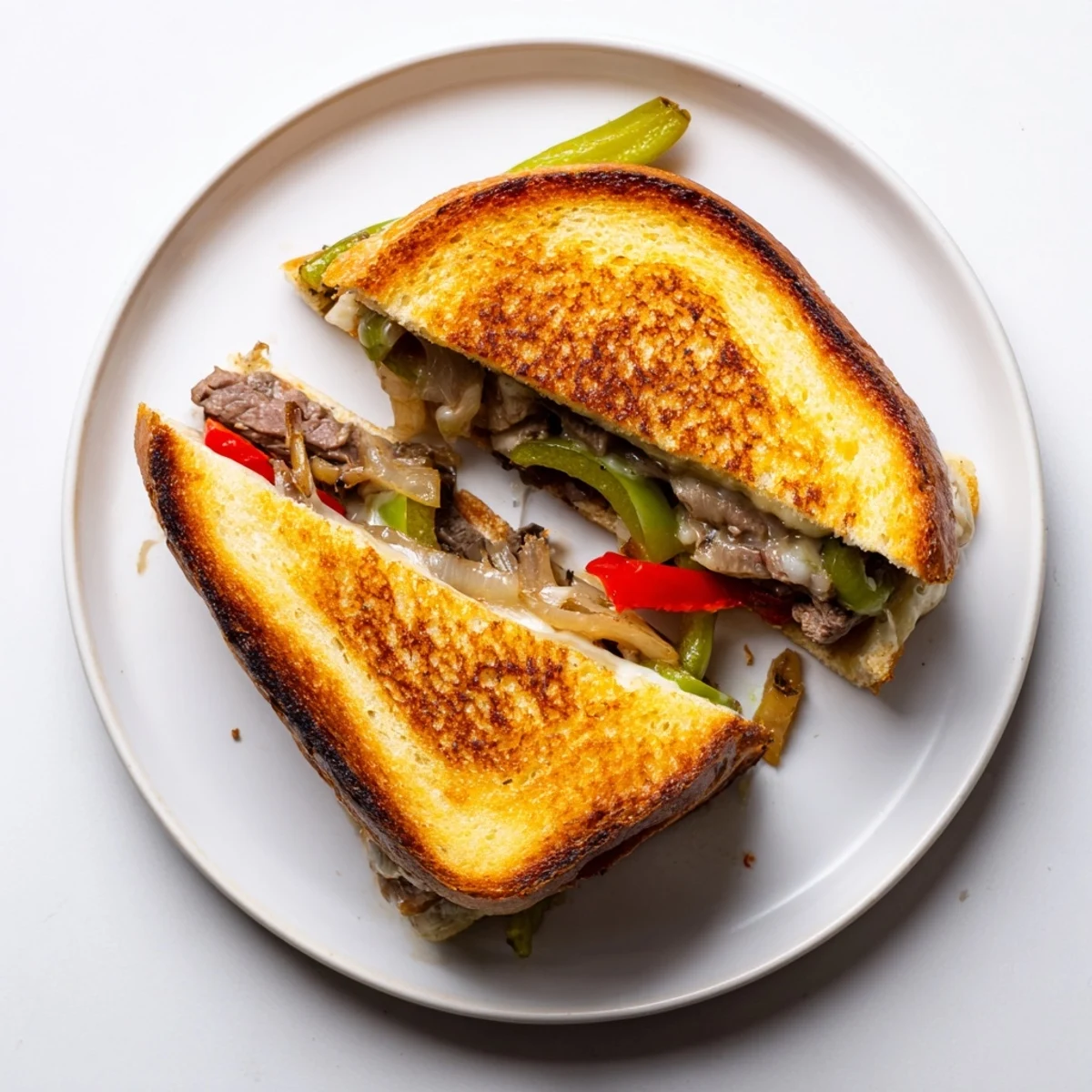 A Philly Cheesesteak Grilled Cheese on a wooden board, featuring juicy steak and sautéed onions.  