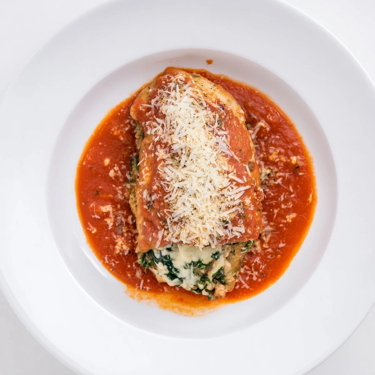 Golden-brown baked Spinach Ricotta Stuffed Chicken breasts bubbling in rich tomato sauce.