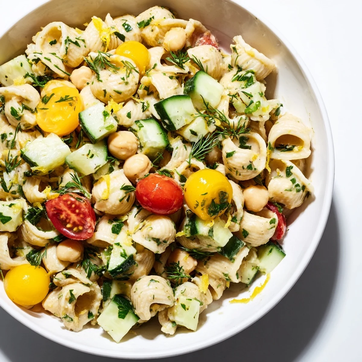 Zesty lemon herb chickpea pasta salad tossed with red onion, dill, mint, and a light olive oil dressing.  