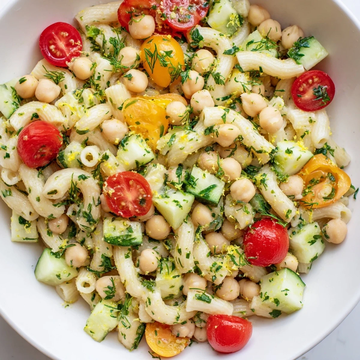 Vibrant gluten-free lemon herb chickpea pasta salad topped with feta and kalamata olives, ready for a summer picnic.