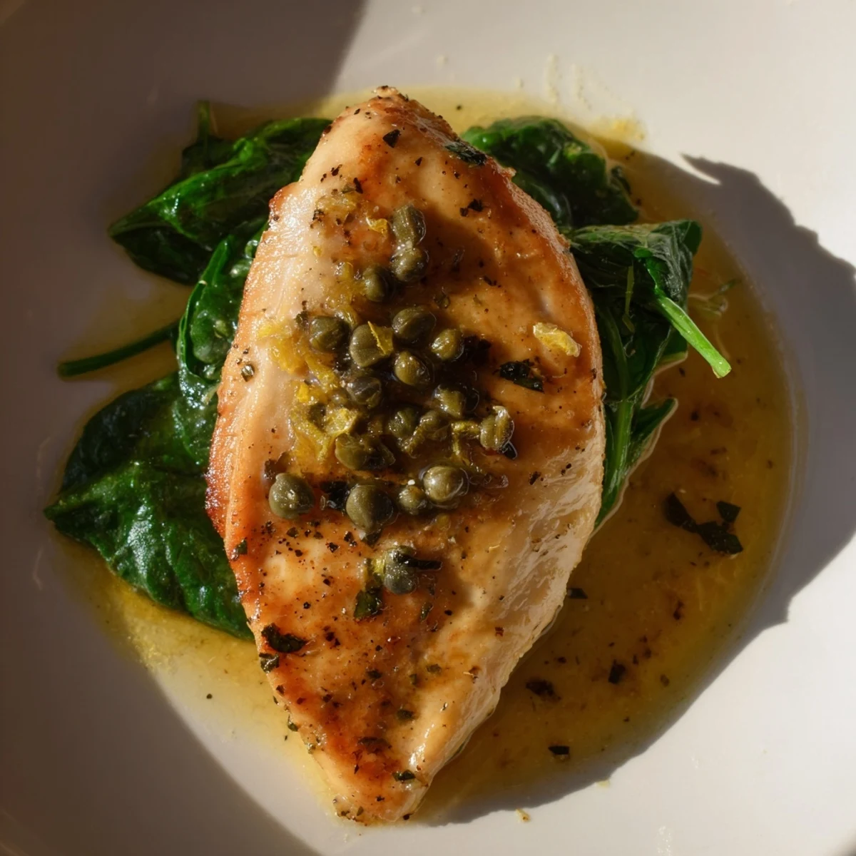 Golden-brown Spinach Lemon Butter Chicken cutlets resting on wilted spinach, drizzled with bright, silky lemon-butter sauce.