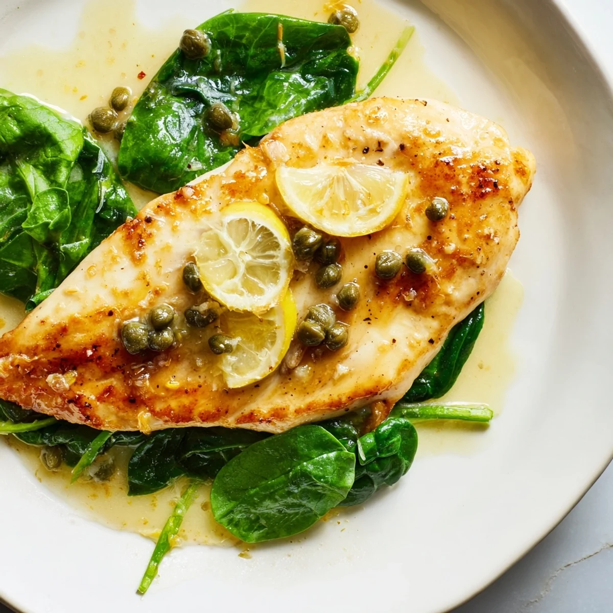 A close view of Spinach Lemon Butter Chicken with a rich lemon-butter glaze and wilted spinach on a plate.