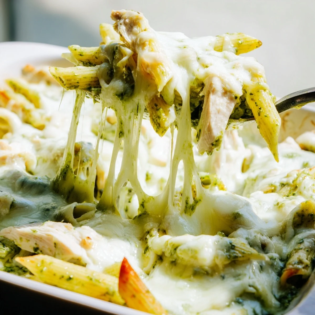Golden-baked Pesto Chicken Pasta Bake with melted mozzarella and fresh basil garnish, served in a rustic dish.