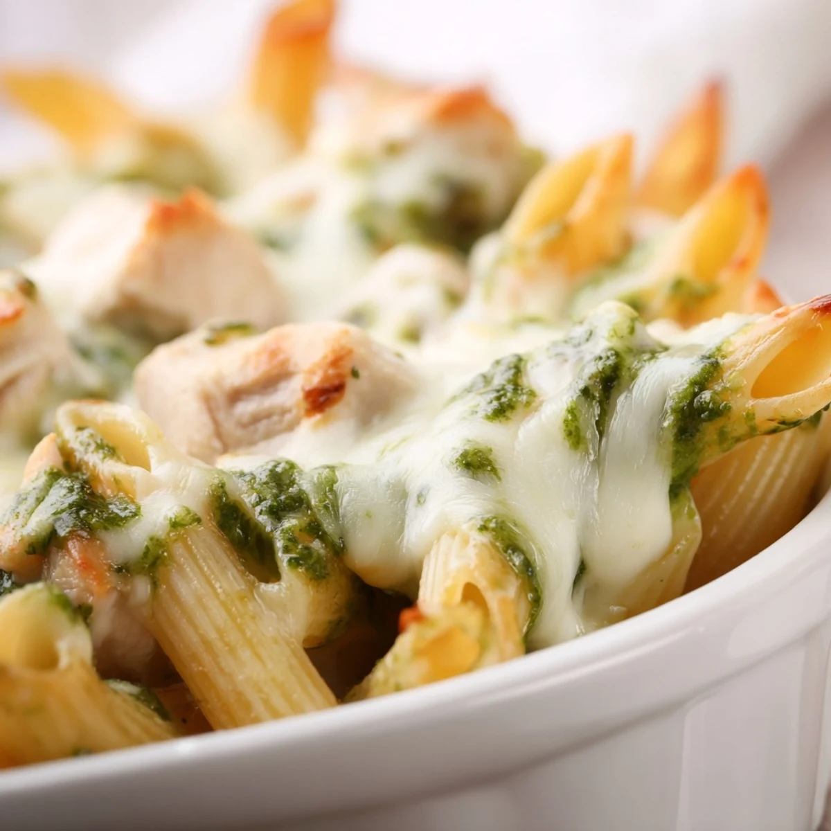 A close-up of a hearty Pesto Chicken Pasta Bake, featuring penne, tender chicken, and vibrant green pesto swirls.