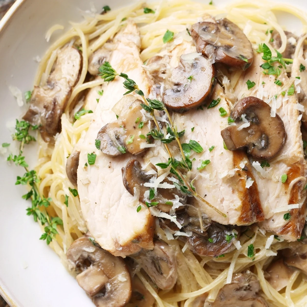 Golden-brown chicken strips and al dente spaghettini tossed in a creamy, savory mushroom Parmesan sauce, garnished with fresh parsley.  