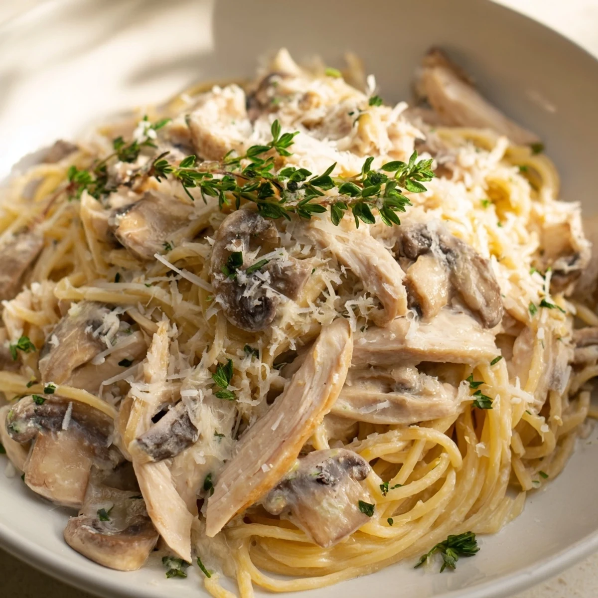 Comforting Creamy Mushroom Chicken Spaghettini in a white bowl, with a glass of crisp white wine and warm, inviting aromas.
