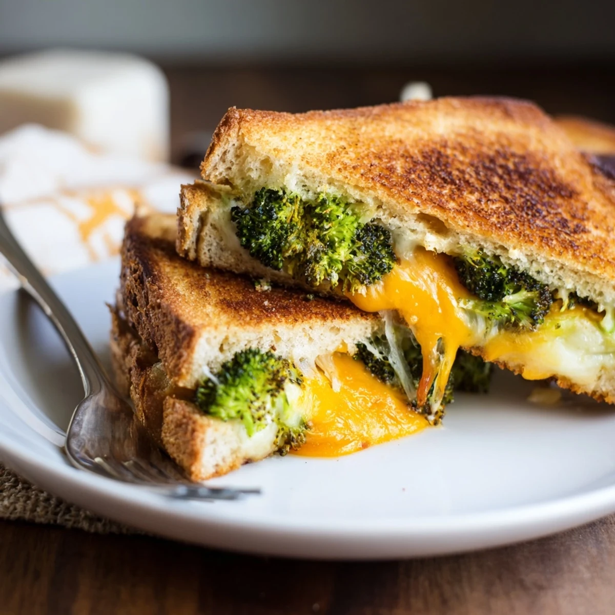 Roasted broccoli and cheddar grilled cheese sandwich on golden, buttery sourdough with melty cheese.