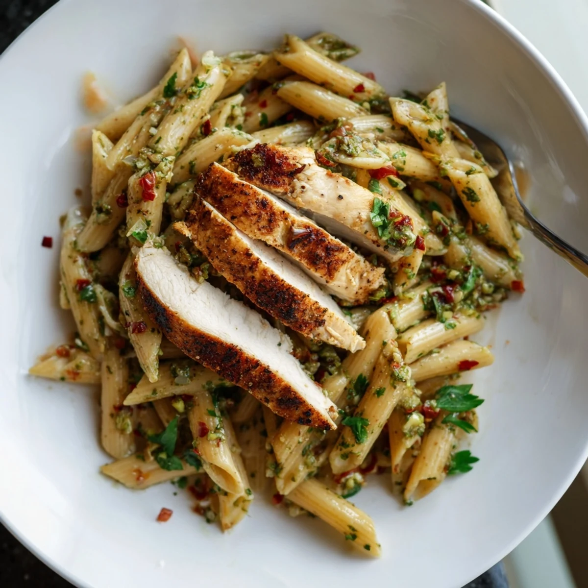 Succulent grilled chicken pieces tossed with penne pasta, generously coated in a vibrant, herby chimichurri sauce for a lively fusion main dish.