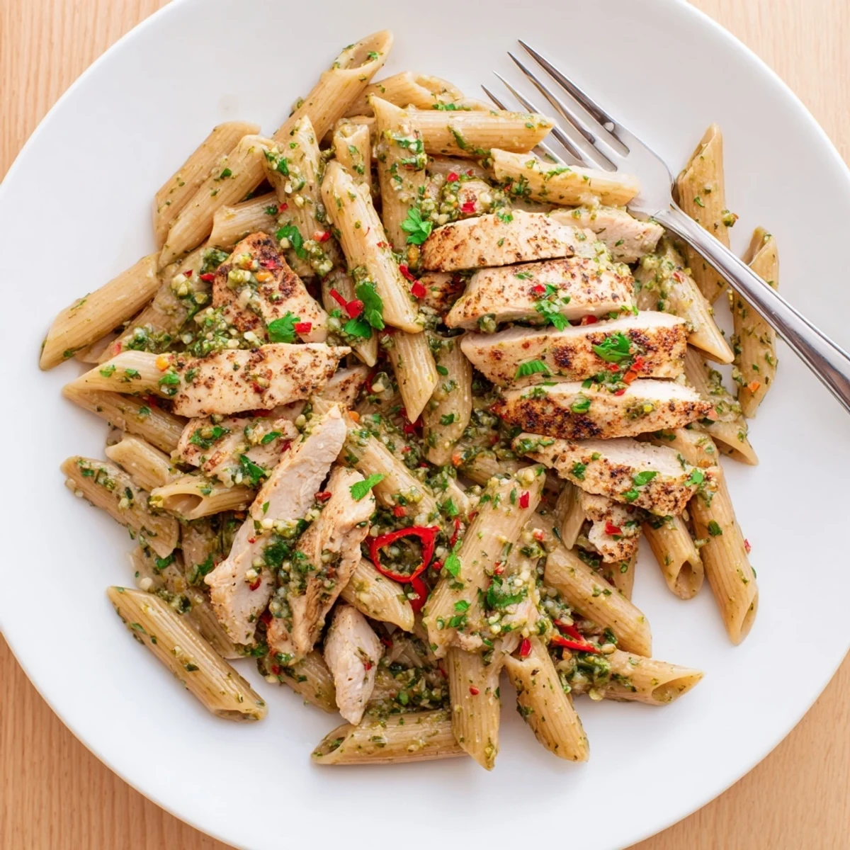 A close-up of Chimichurri Chicken Pasta, highlighting the glossy green sauce clinging to al dente pasta and juicy slices of grilled chicken.