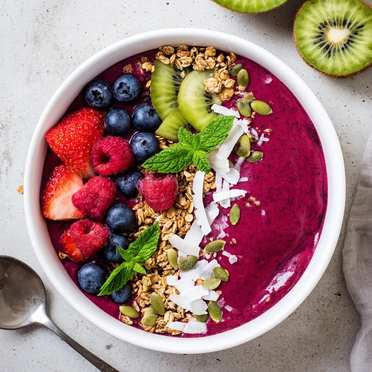 A vibrant Beet and Berry Smoothie Bowl topped with granola, fresh berries, and kiwi slices.