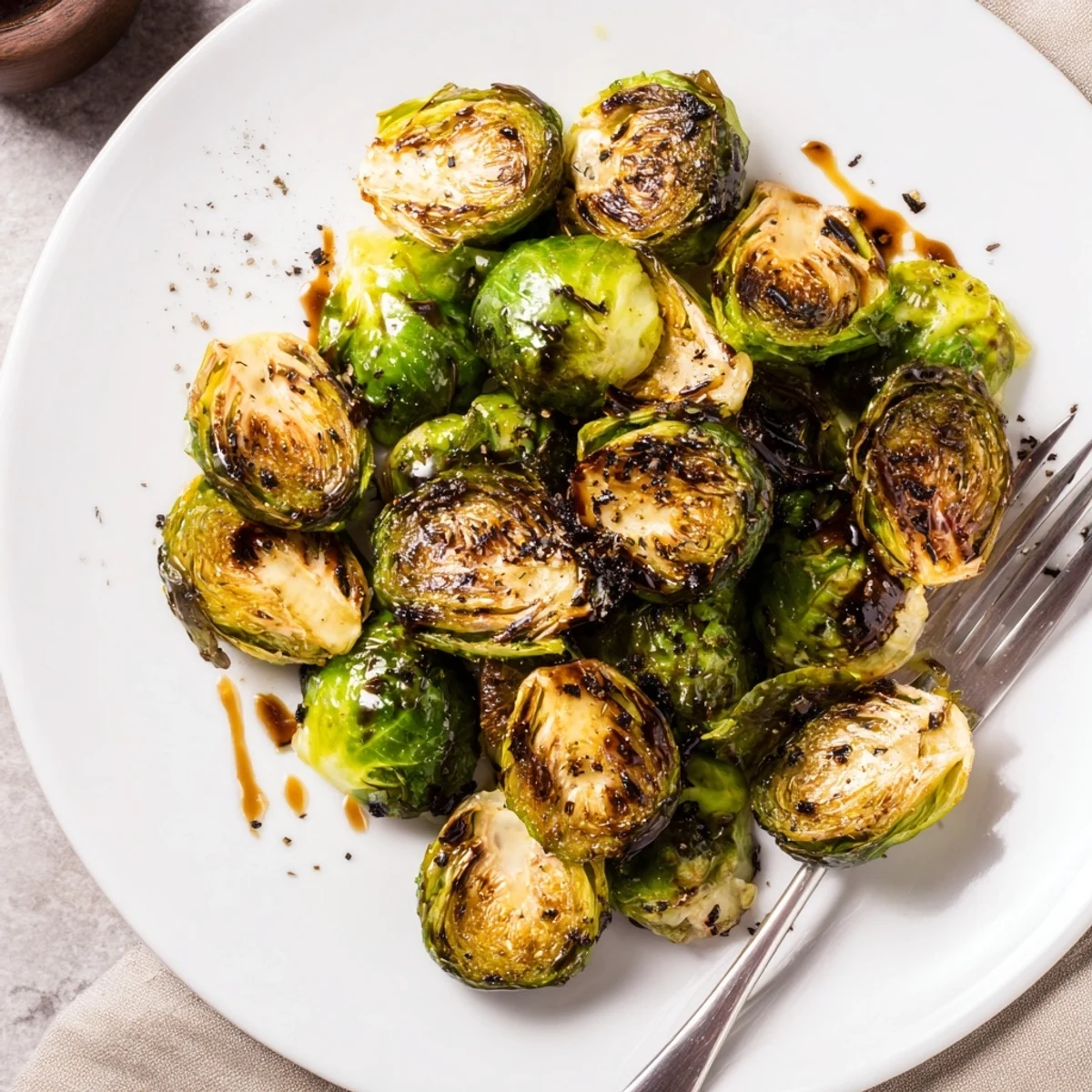 Tender oven-roasted Brussels sprouts with a tangy balsamic drizzle, perfect beside roast chicken at a cozy American dinner.