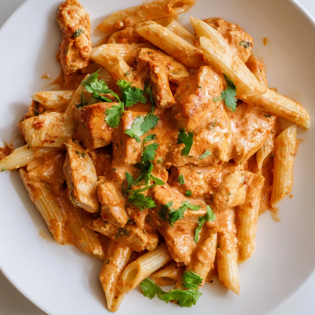 Creamy Chicken Tikka Pasta with tender chicken pieces and a vibrant red tomato sauce, garnished with fresh cilantro.  