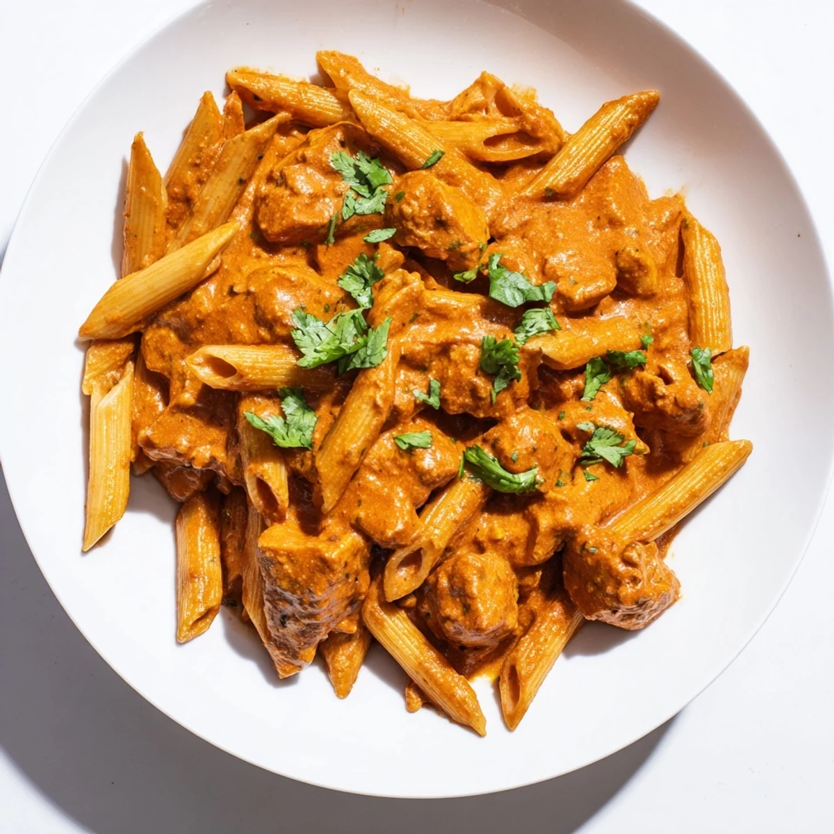 Colorful Chicken Tikka Pasta in a skillet, steaming alongside a side of garlic naan bread.  