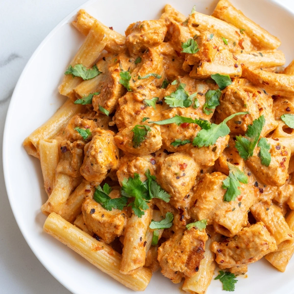 Golden-brown Chicken Tikka Pasta twirled on a fork, showcasing the creamy, spiced sauce and pasta.
