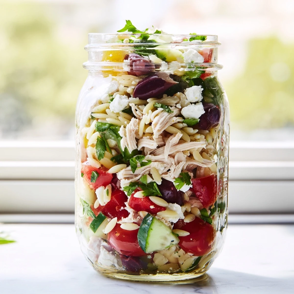 Freshly layered Greek Pasta Chicken Salad Jars with orzo, chicken, cherry tomatoes, and feta.