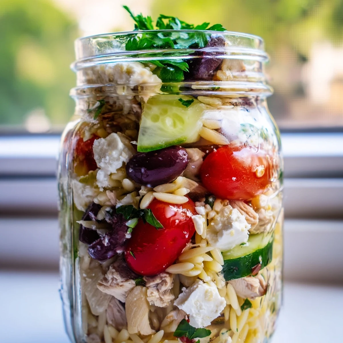 Bright Mediterranean ingredients fill these meal prep jars, topped with parsley and olives.