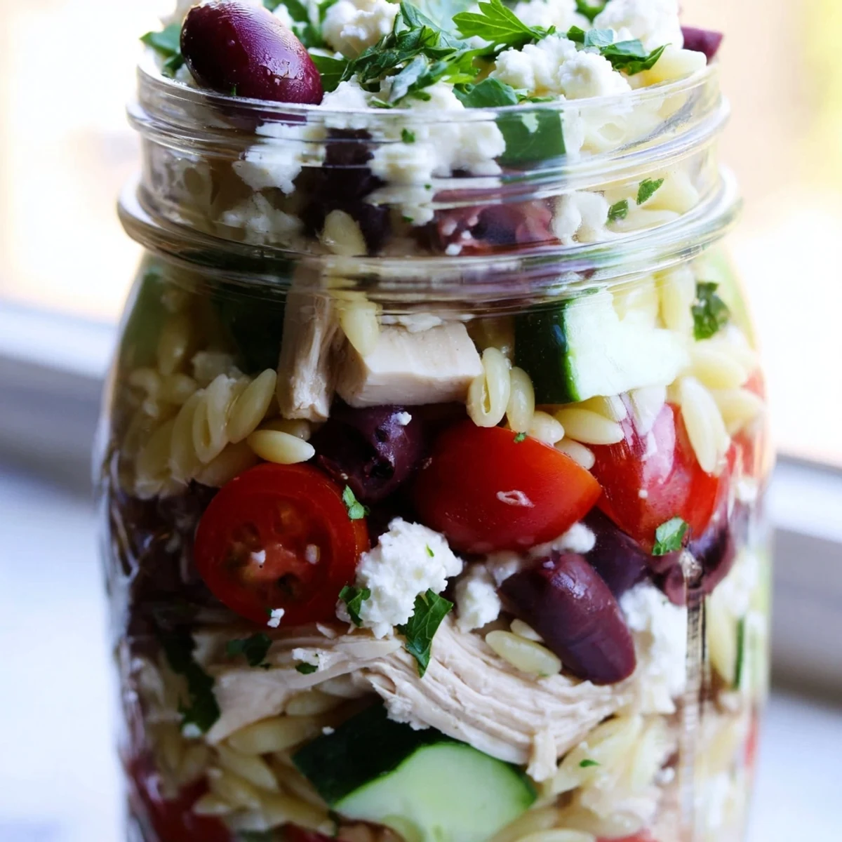 Ready-to-eat Greek Pasta Chicken Salad Jars, showcasing colorful veggies and creamy feta.
