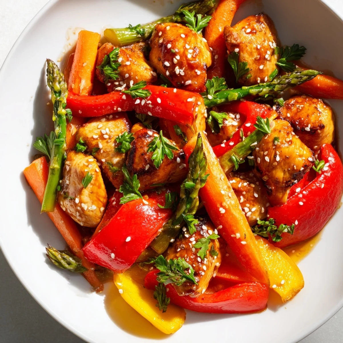 Caramelized honey garlic chicken and vibrant spring vegetables roasted together on a single sheet pan, garnished with fresh parsley.