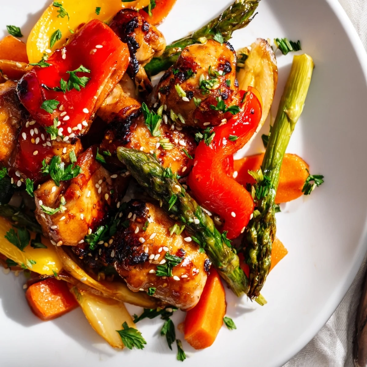 Golden, sticky honey garlic chicken and colorful roasted vegetables on a parchment-lined sheet pan, perfect for an easy weeknight dinner.