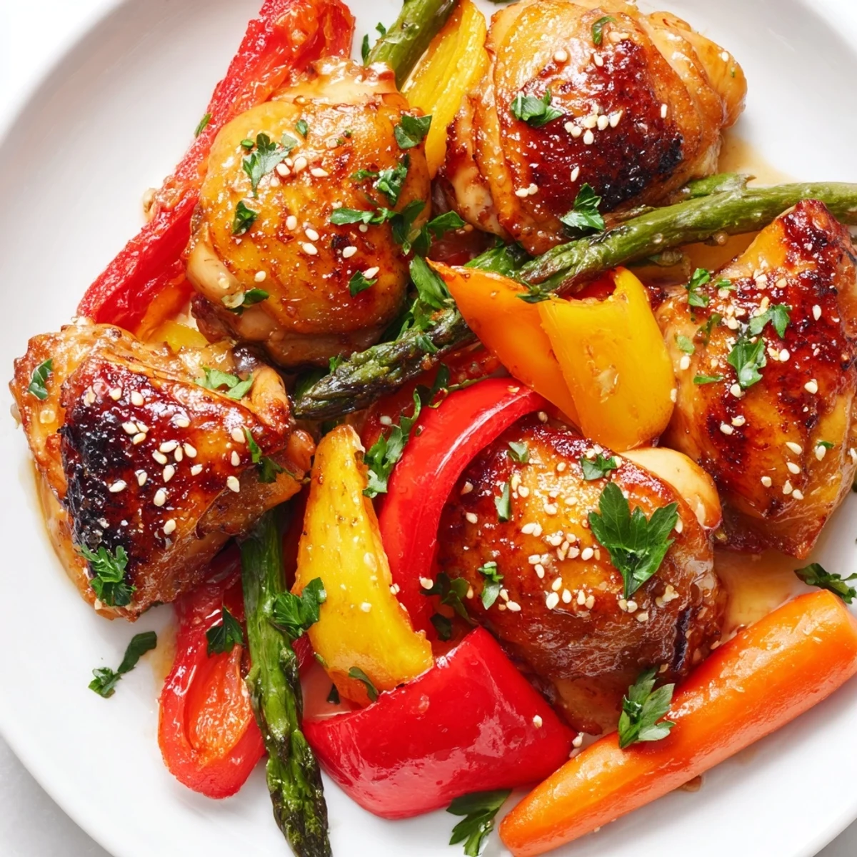 A close-up of tender, glazed chicken and crisp asparagus, peppers, and snap peas served hot over fluffy white rice.