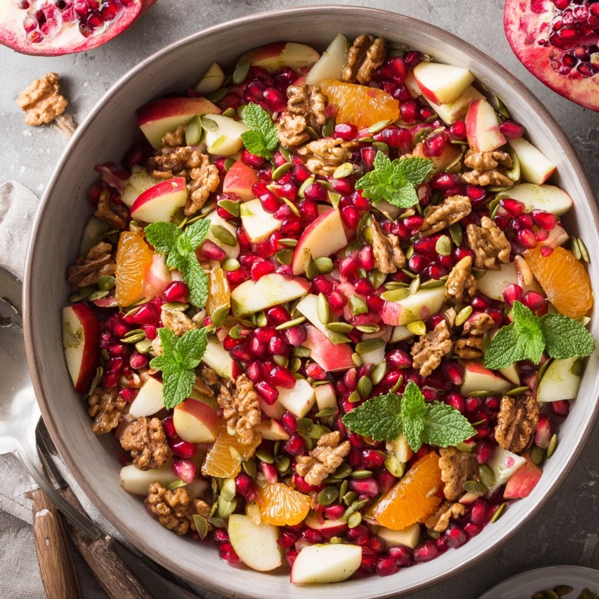 Bright red pomegranate seeds and chopped walnuts in a fresh Pomegranate and Walnut Salad, tossed with apple and pear.  