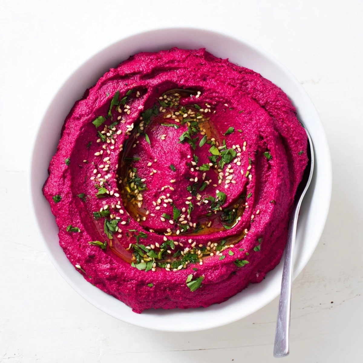 A vibrant bowl of Roasted Beet Hummus, its rich magenta hue swirled with olive oil and topped with fresh parsley for dipping.