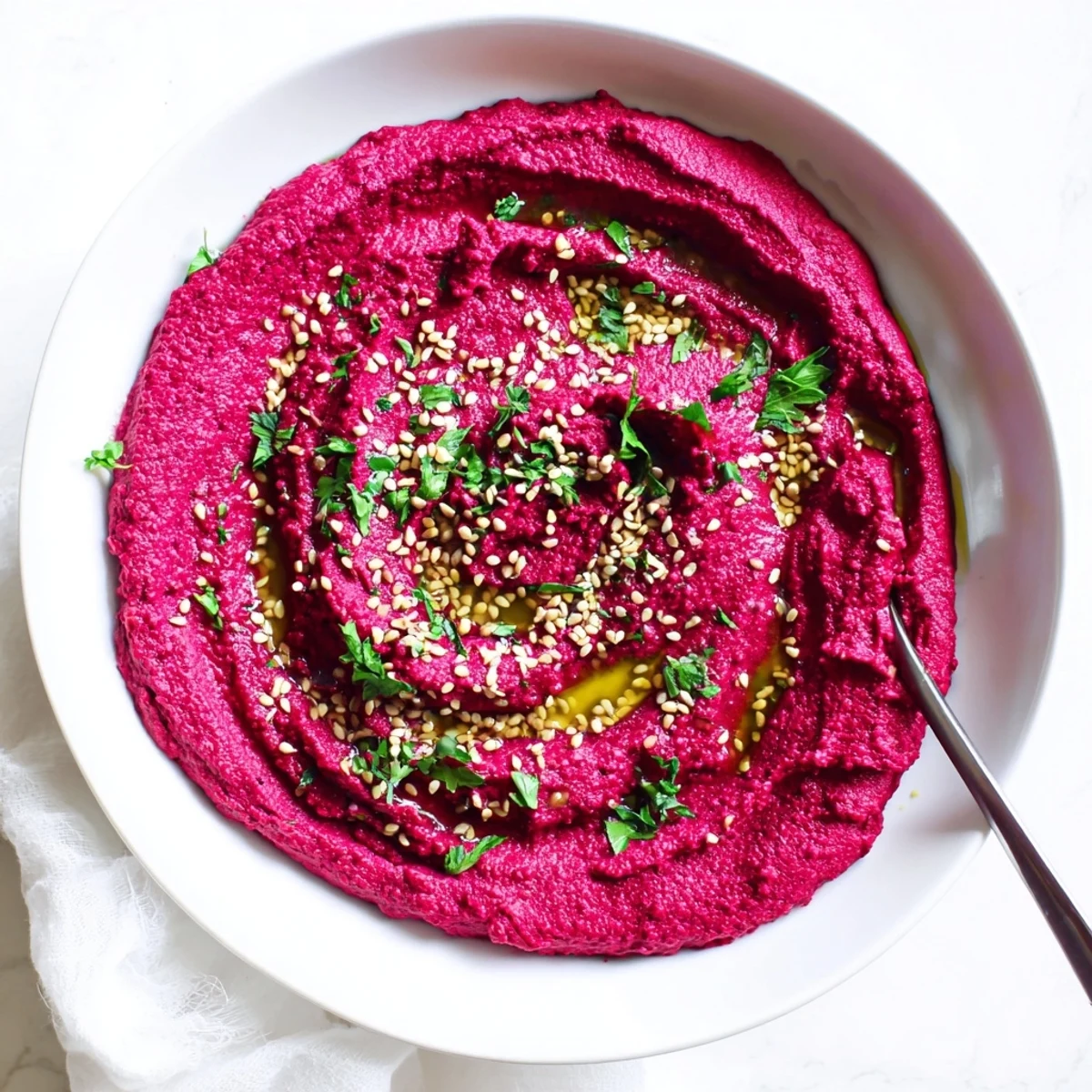 Thick, creamy Roasted Beet Hummus blended with roasted garlic and tahini, ready to be spread on warm bread.