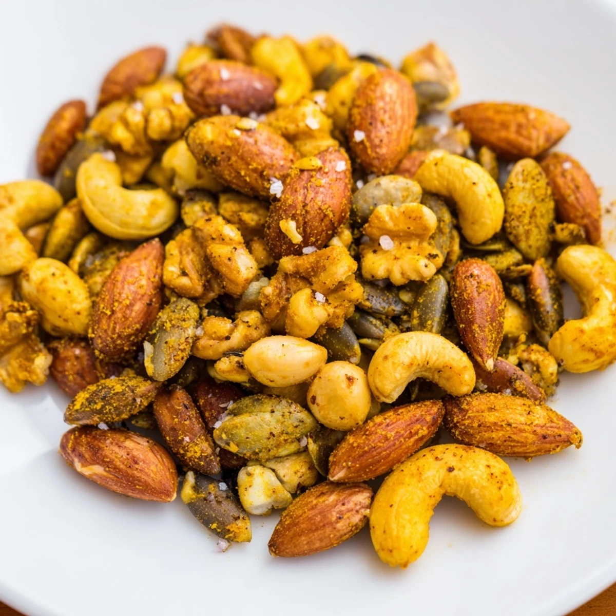 A bowl of finished spiced nuts and seeds mix, perfect for snacking or topping salads.