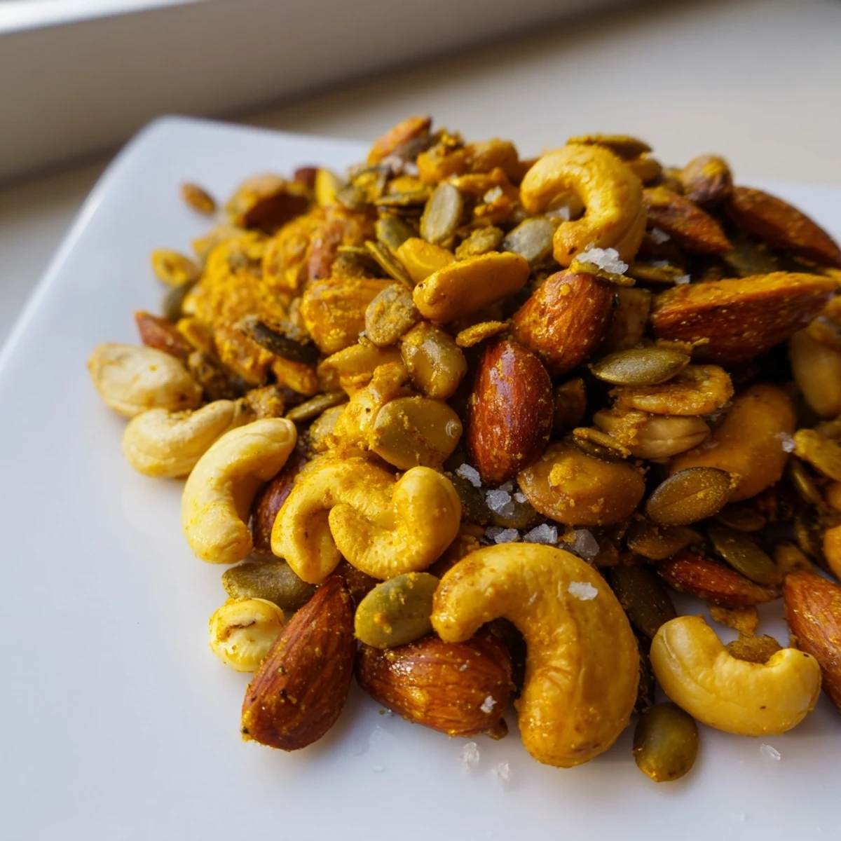 Golden toasted almonds, cashews, and walnuts coated in turmeric and smoked paprika spices on a baking sheet.