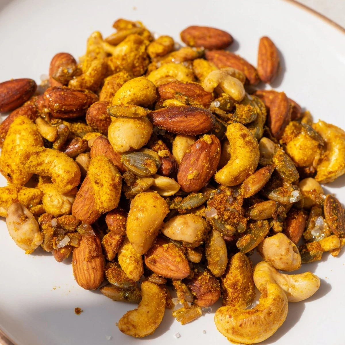 A spoon scoops the warm, anti-inflammatory spiced nuts and seeds mix over a fresh green salad.