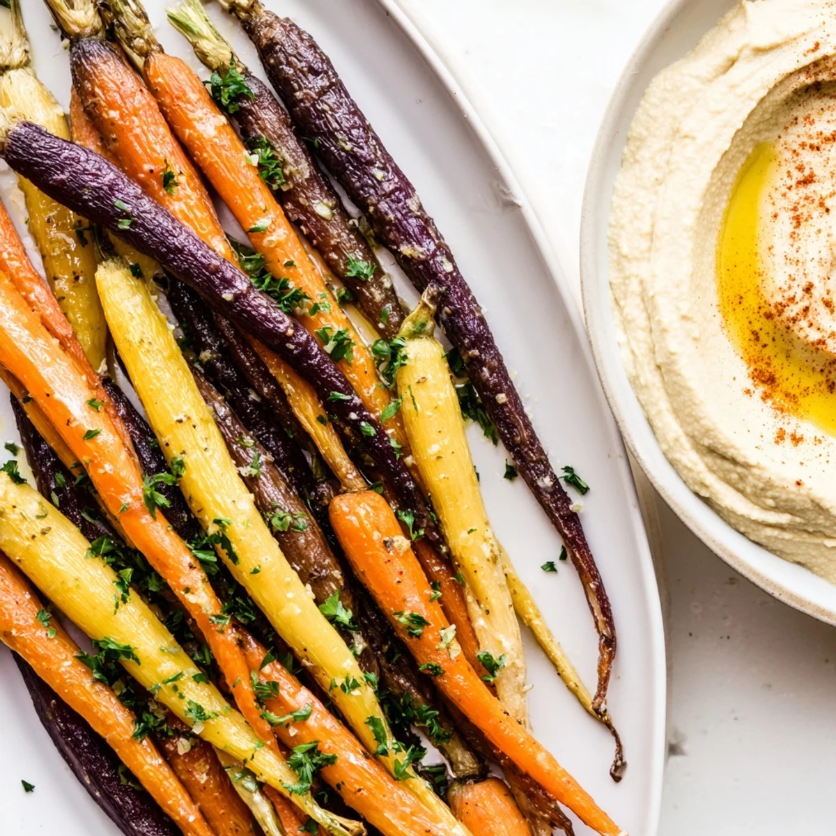 Colorful oven-roasted rainbow carrots garnished with parsley, served with a creamy tahini hummus dip for a healthy, vibrant snack.  