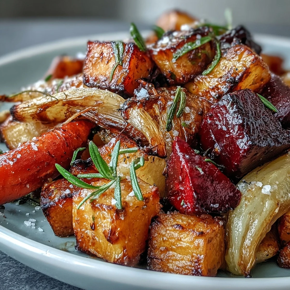 Garnished with fresh parsley, this Roasted Root Vegetable Medley offers tender, caramelized carrots, parsnips, and sweet potatoes.