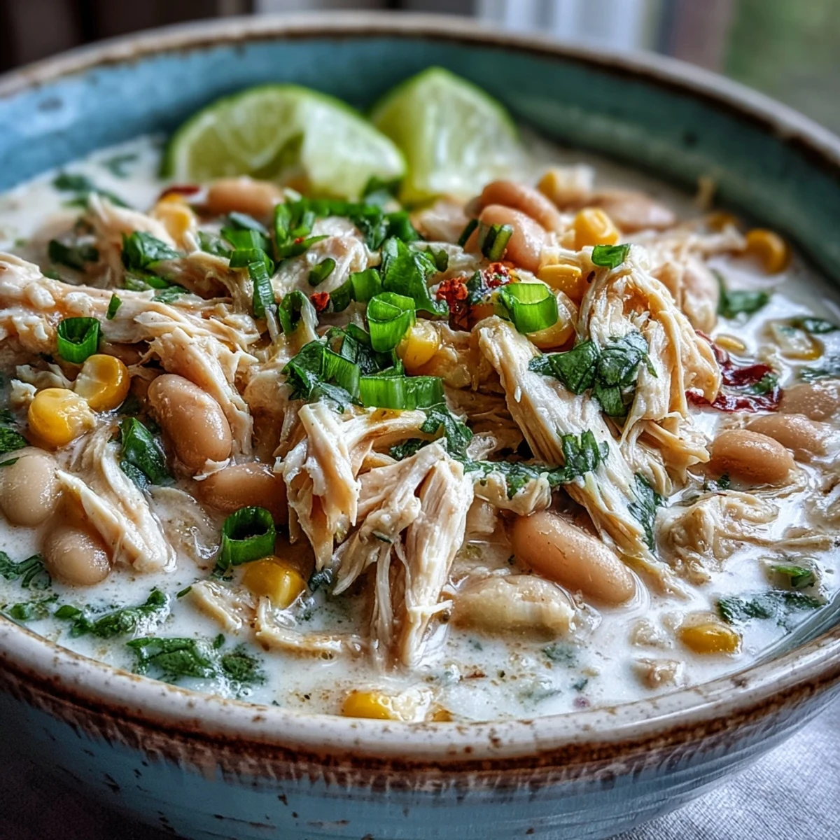 A bowl of creamy White Chicken Chili topped with fresh cilantro, shredded cheese, and a lime wedge.