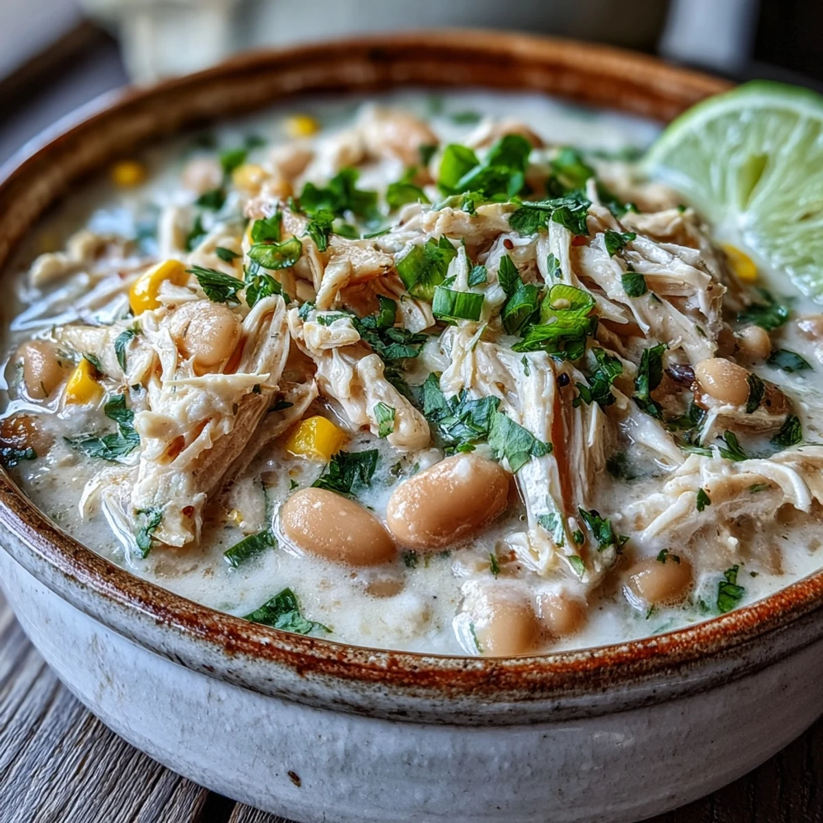 White Chicken Chili in a rustic bowl, garnished with green onions and Monterey Jack, ready to serve.