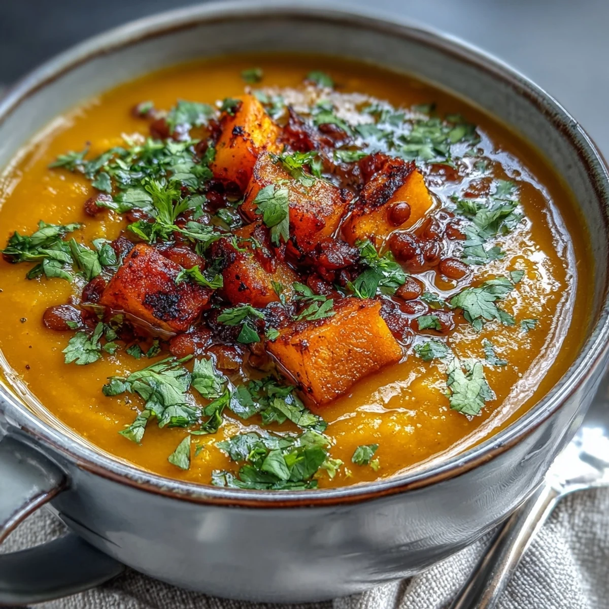 Golden roasted butternut squash and lentil soup simmering in a pot with fresh cilantro garnish.
