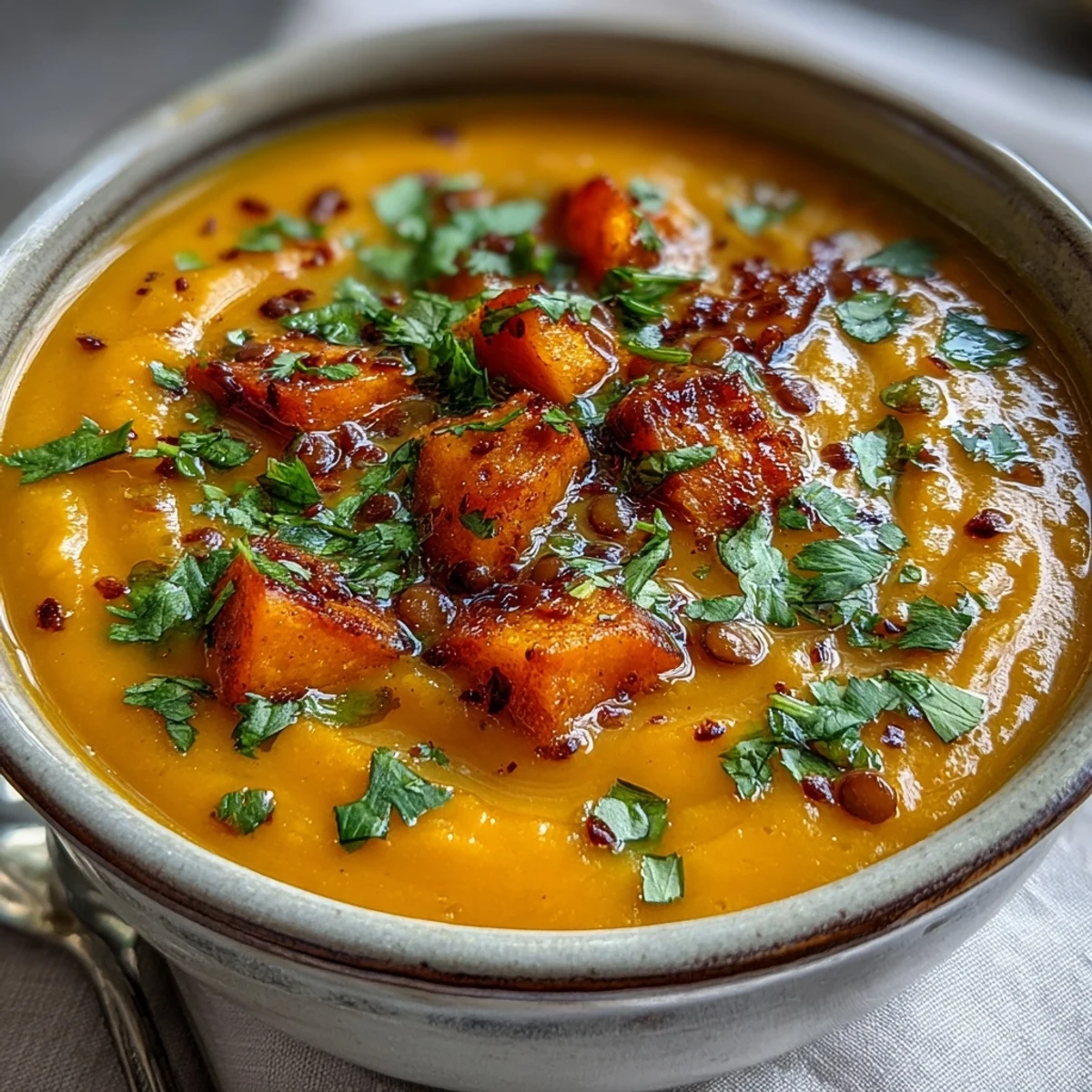 Hearty bowl of creamy butternut squash and lentil soup served with warm crusty bread.