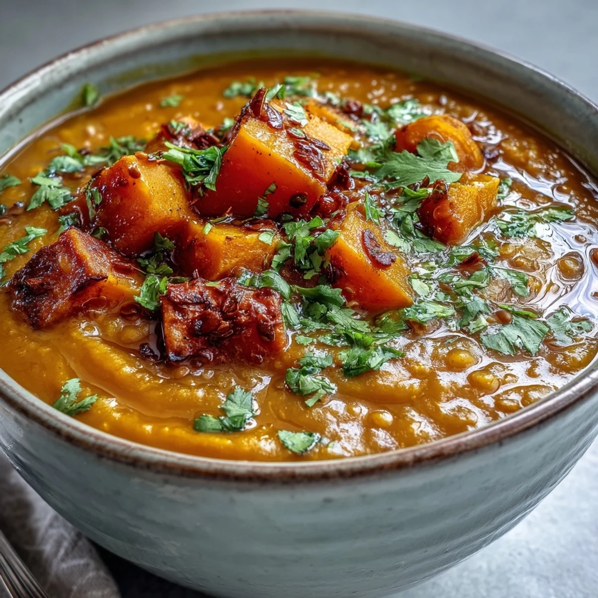 Spiced butternut squash and lentil soup blended smooth, garnished with parsley and lemon slices.
