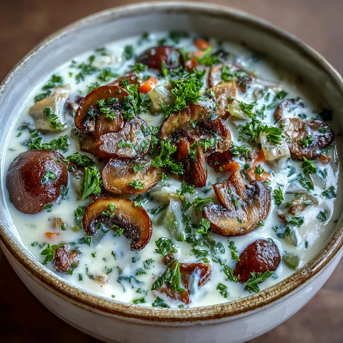 Creamy Mushroom Stroganoff Soup steaming in a rustic bowl, topped with fresh parsley and a dollop of sour cream, perfect for cozy vegetarian dinners.