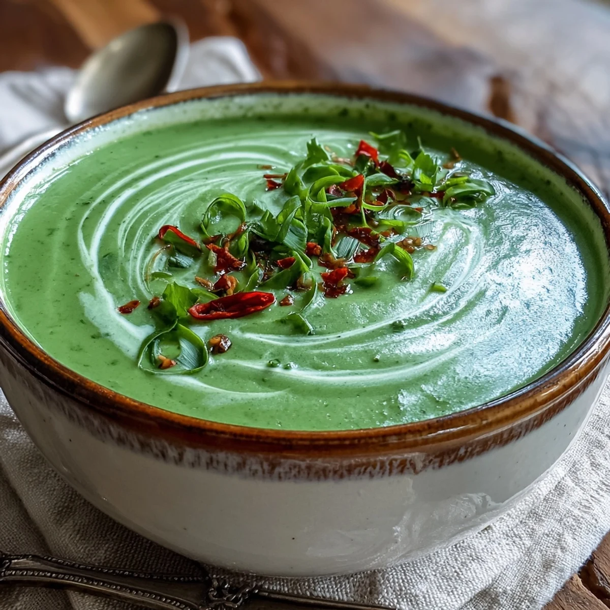 A vibrant Spinach Coriander Lemongrass Soup ladled into a ceramic bowl, garnished with cilantro and chili, ideal for serving alongside steamed jasmine rice.