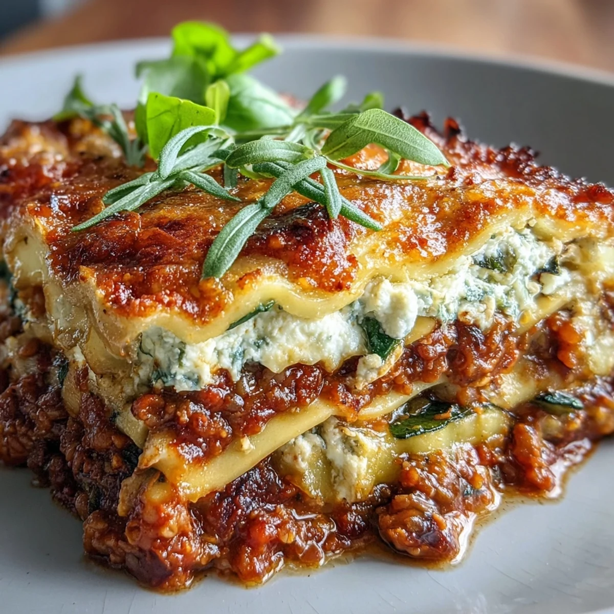Smoky vegetable and lentil bolognese layers nestled between tender lasagne sheets in a rustic skillet.