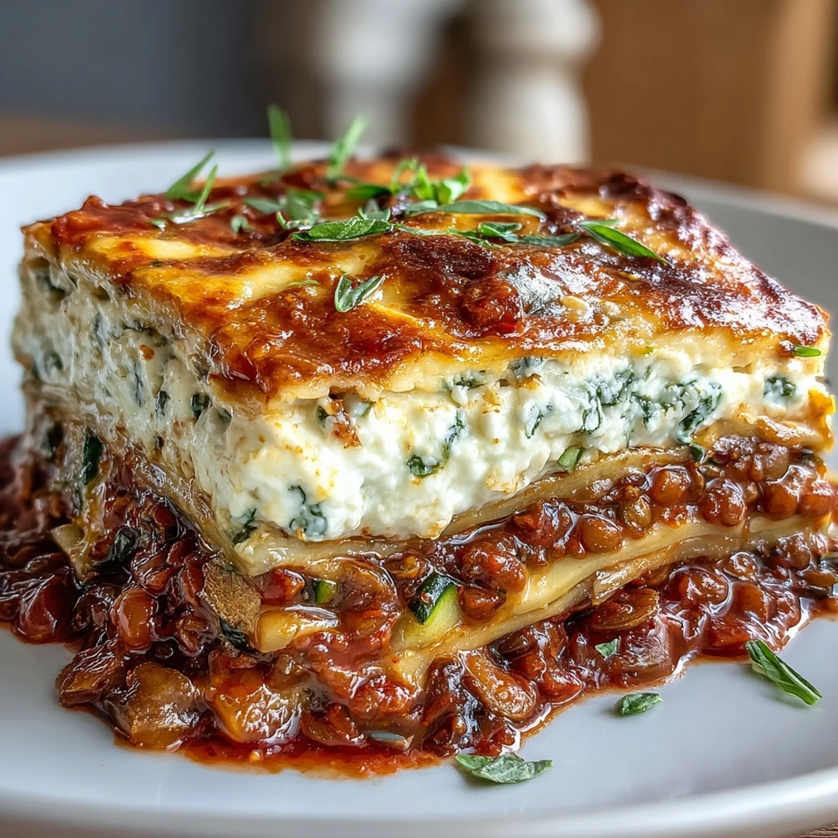 A hearty slice of One-Pan Smoky Veggie Lentil Lasagne served with a crisp side salad.