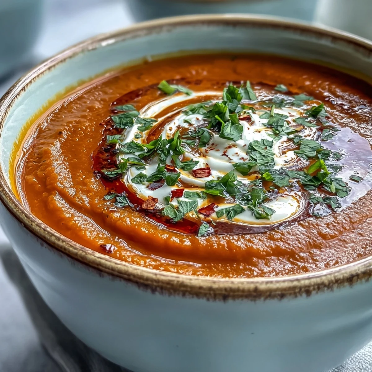 Steaming bowl of spicy Carrot, Celeriac and Chilli Soup served with crusty bread.