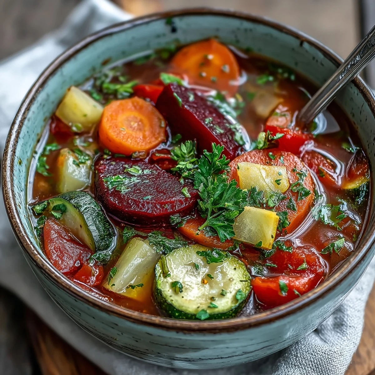 Vibrant Rainbow Vegetable Detox Soup topped with fresh parsley and lemon wedges served alongside crusty bread.