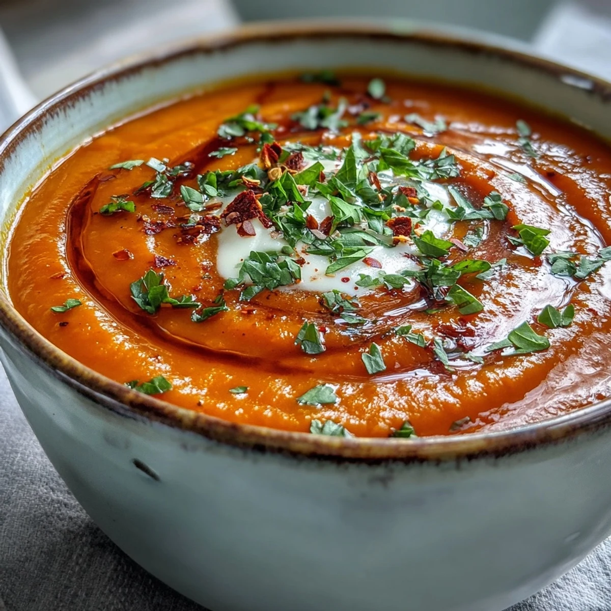Vibrant orange Carrot, Celeriac and Chilli Soup ladle-ready from a rustic bowl. 