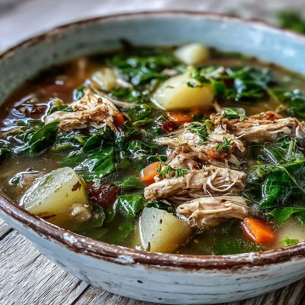 Hearty collard greens, chicken and vegetable soup steaming in a rustic bowl, with tender shredded meat and vibrant carrots visible.