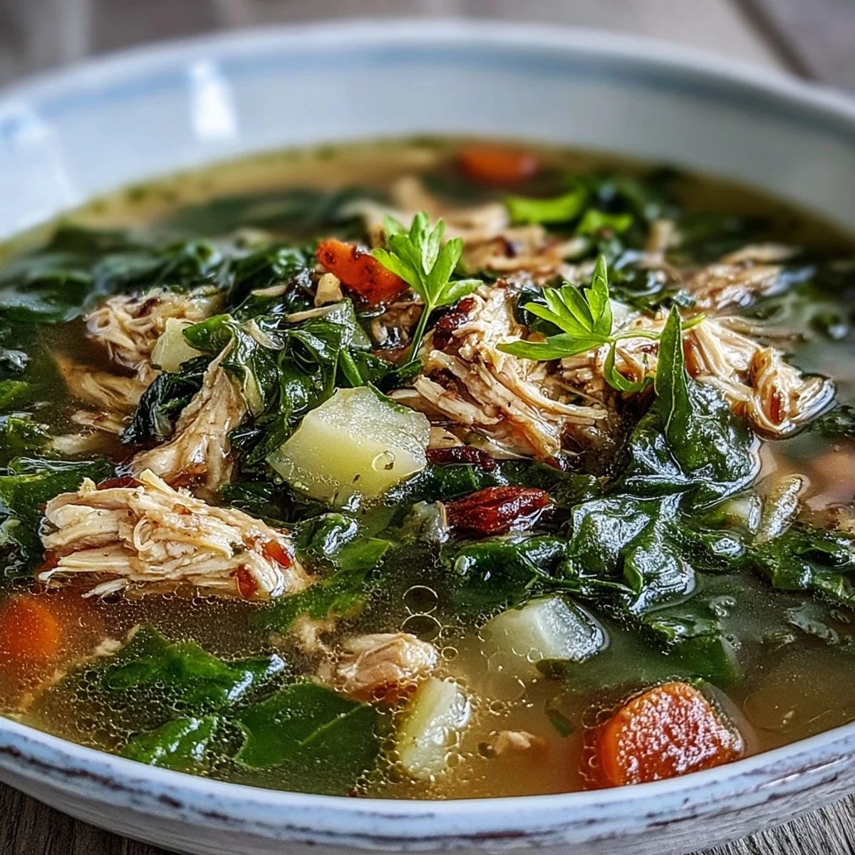 Cozy pot of collard greens, chicken and vegetable soup simmering on the stove, featuring potatoes and greens in rich broth.