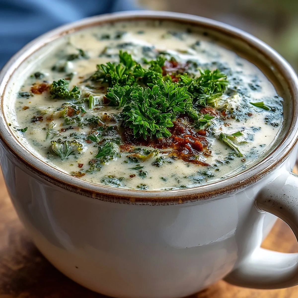 Velvety Creamy Vegetable Soup with visible vegetable pieces and steam rising, ready to be ladled from a pot.
