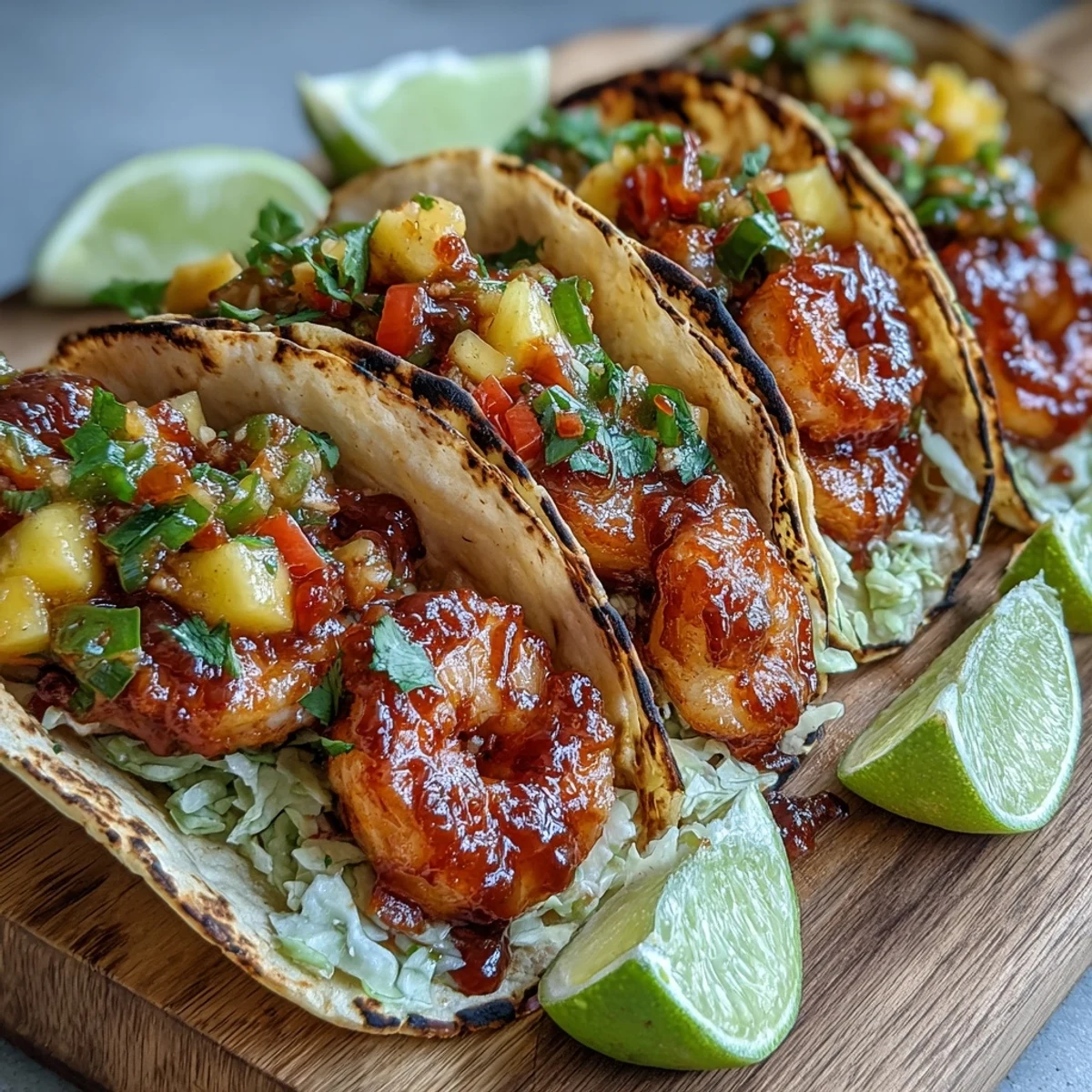 Warm corn tortillas filled with spicy Sriracha Shrimp Tacos with Mango Salsa, topped with crunchy red cabbage. 
