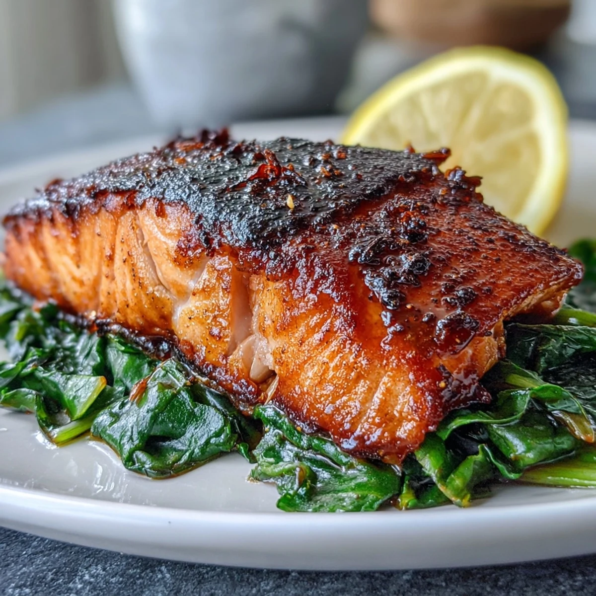 Air Fryer Salmon and Swiss Chard on a plate with flaky fish and garlicky greens, garnished with fresh lemon wedges.