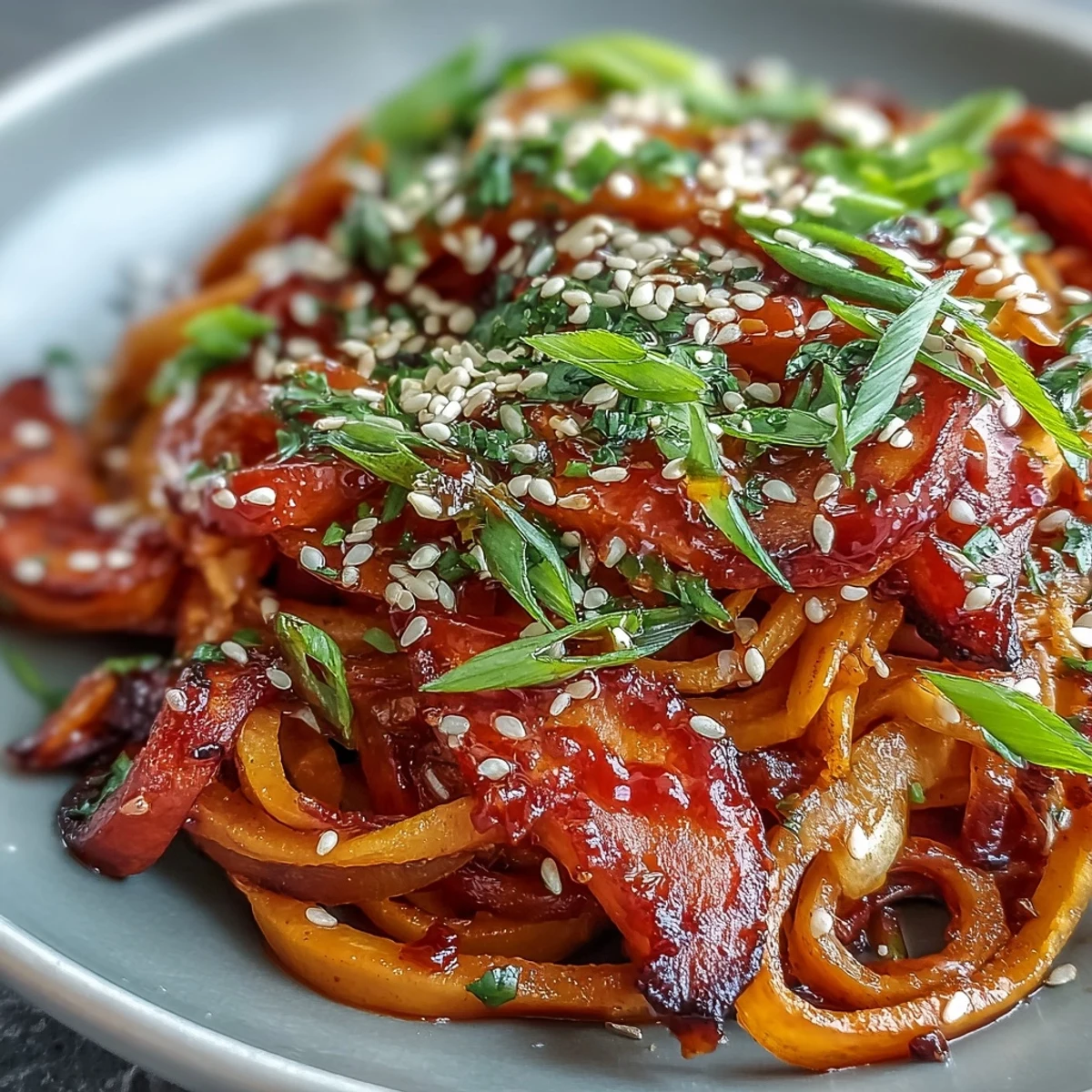 Garnished Gochujang Swede Noodles in a white bowl, featuring roasted swede ribbons, rice noodles, green onions, and toasted sesame seeds.